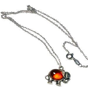 ATI.925 Silver Elephant Pendant Necklace Faux Amber Gemstone Belly 925 Chain